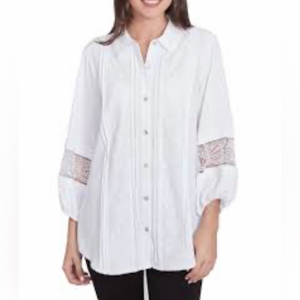 New Ruby Rd. White Button-Down Shirt with Lace Accents